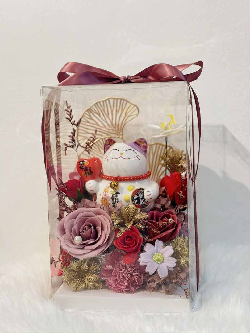 Fortune Cat Soap Flower Box | Burgundy Series (S Size)