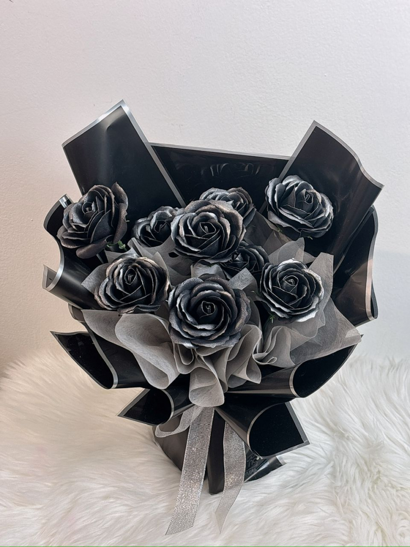 9 Stalks Soap Flower Bouquet (sliver and black)