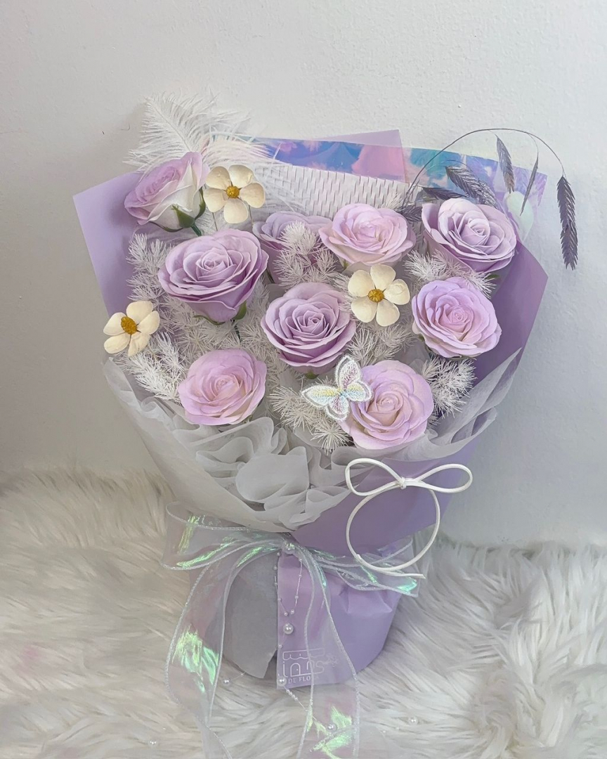 9 Stalks Soap Flower Bouquet (purple white)