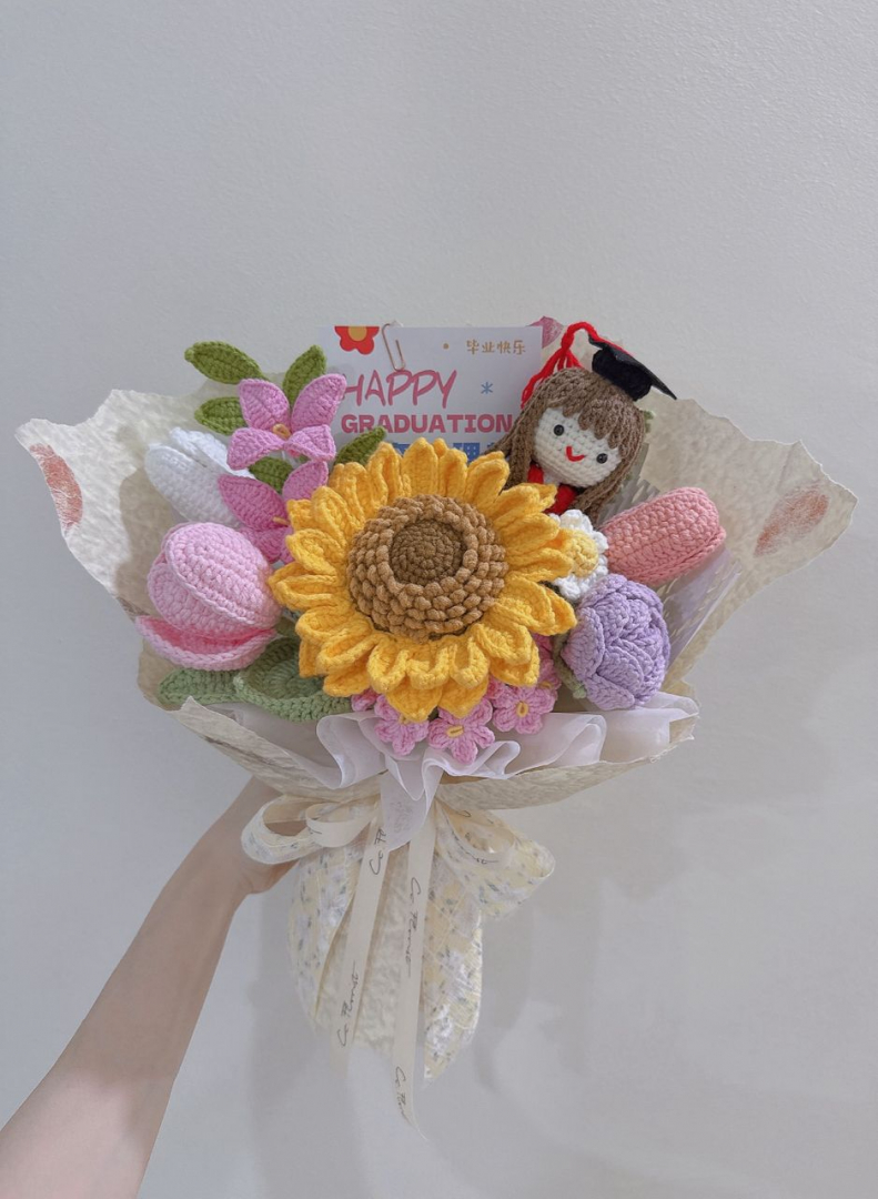 Graduation Doll Sunflower Crochet Bouquet
