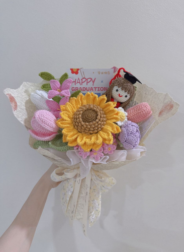 Graduation Doll Sunflower Crochet Bouquet