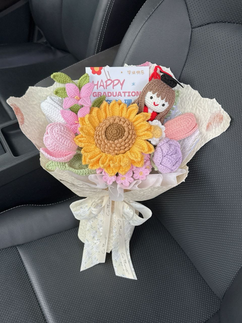 Graduation Doll Sunflower Crochet Bouquet