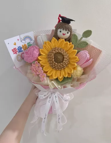 Graduation Doll Sunflower Crochet Bouquet