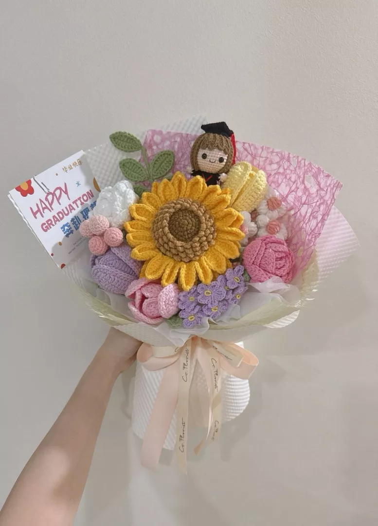Graduation Doll Sunflower Crochet Bouquet