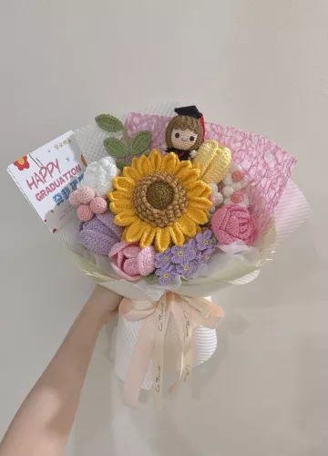 Graduation Doll Sunflower Crochet Bouquet