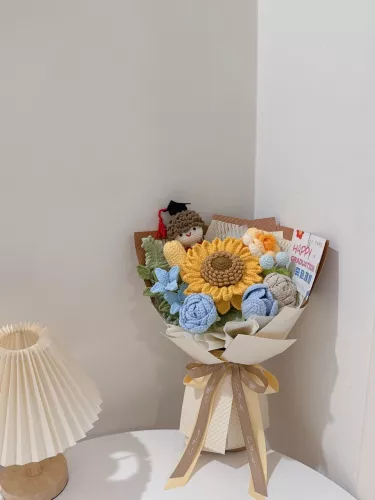 Graduation Doll Sunflower Crochet Bouquet