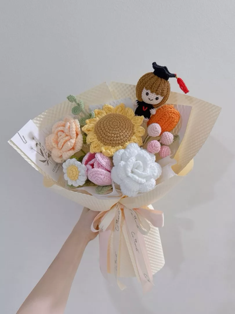 Graduation Doll Sunflower Crochet Bouquet