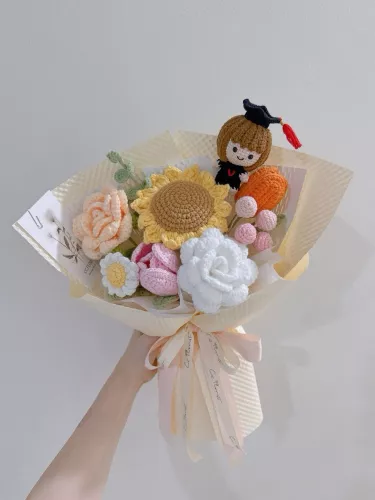 Graduation Doll Sunflower Crochet Bouquet