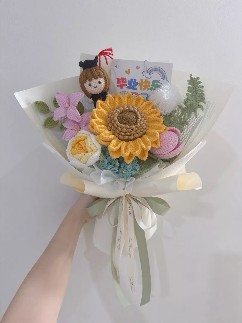 Graduation Doll Sunflower Crochet Bouquet