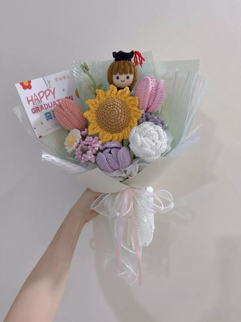 Graduation Doll Sunflower Crochet Bouquet