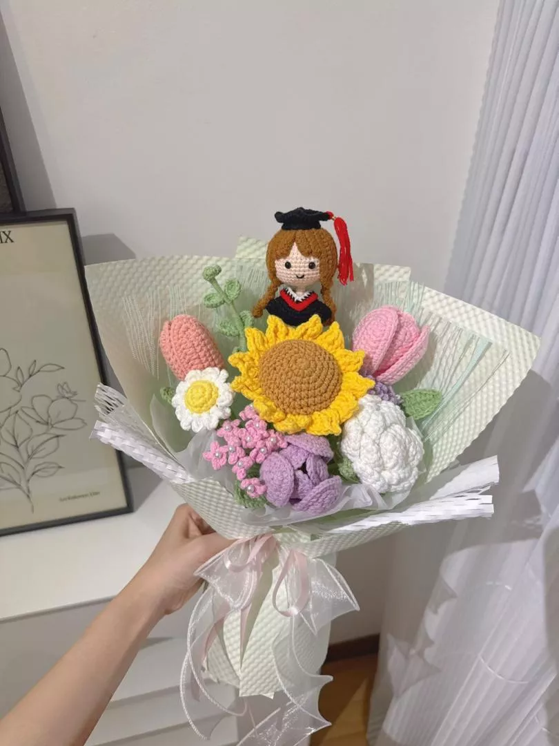 Graduation Doll Sunflower Crochet Bouquet