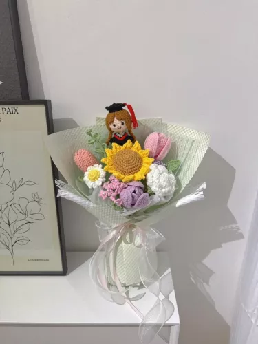Graduation Doll Sunflower Crochet Bouquet