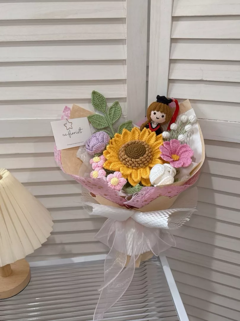 Graduation Doll Sunflower Crochet Bouquet