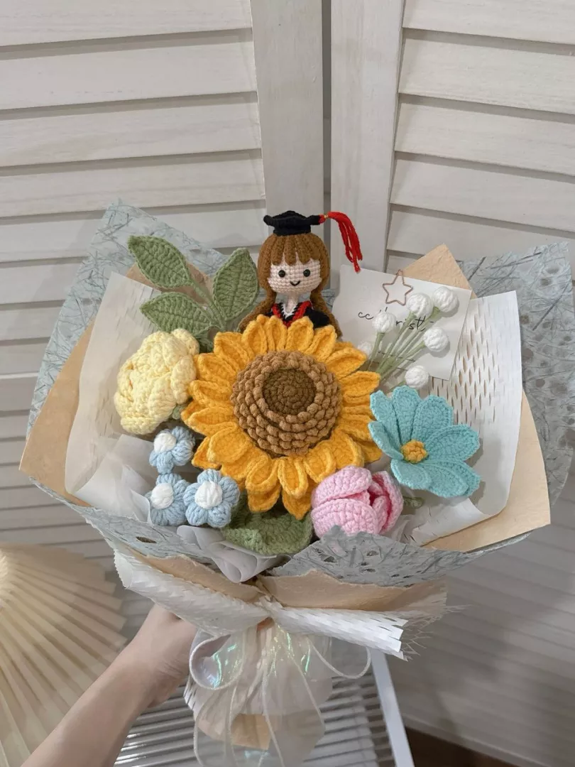 Graduation Doll Sunflower Crochet Bouquet