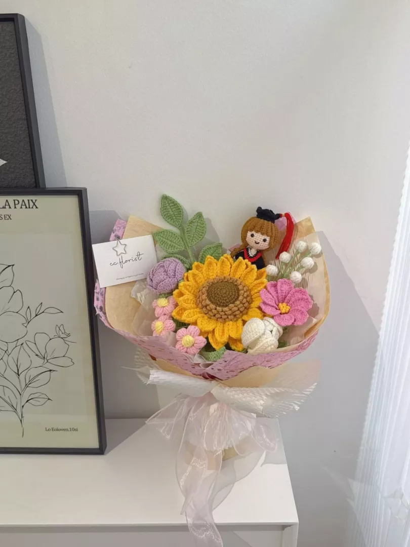 Graduation Doll Sunflower Crochet Bouquet