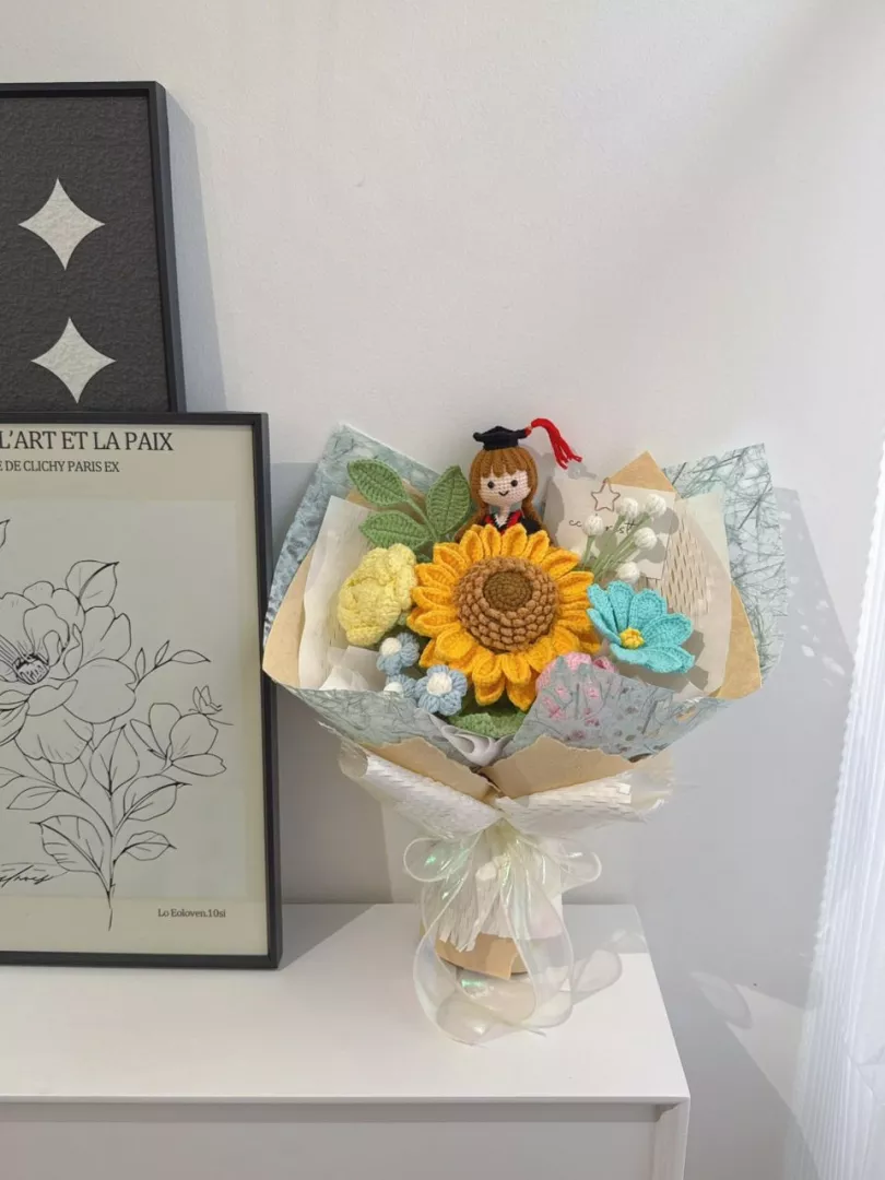 Graduation Doll Sunflower Crochet Bouquet