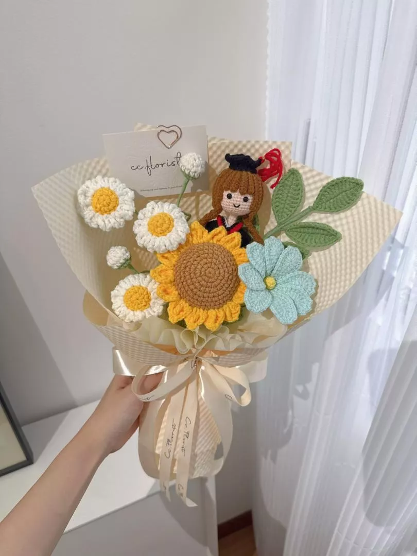 Graduation Doll Sunflower Crochet Bouquet