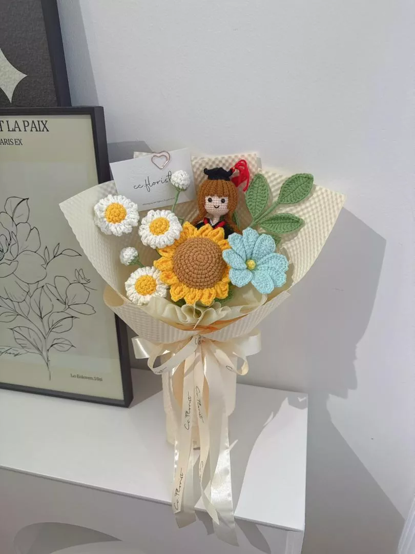 Graduation Doll Sunflower Crochet Bouquet