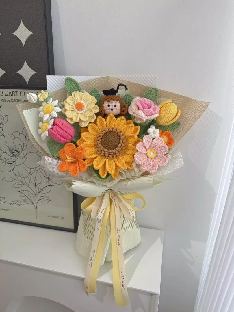 Graduation Doll Sunflower Crochet Bouquet