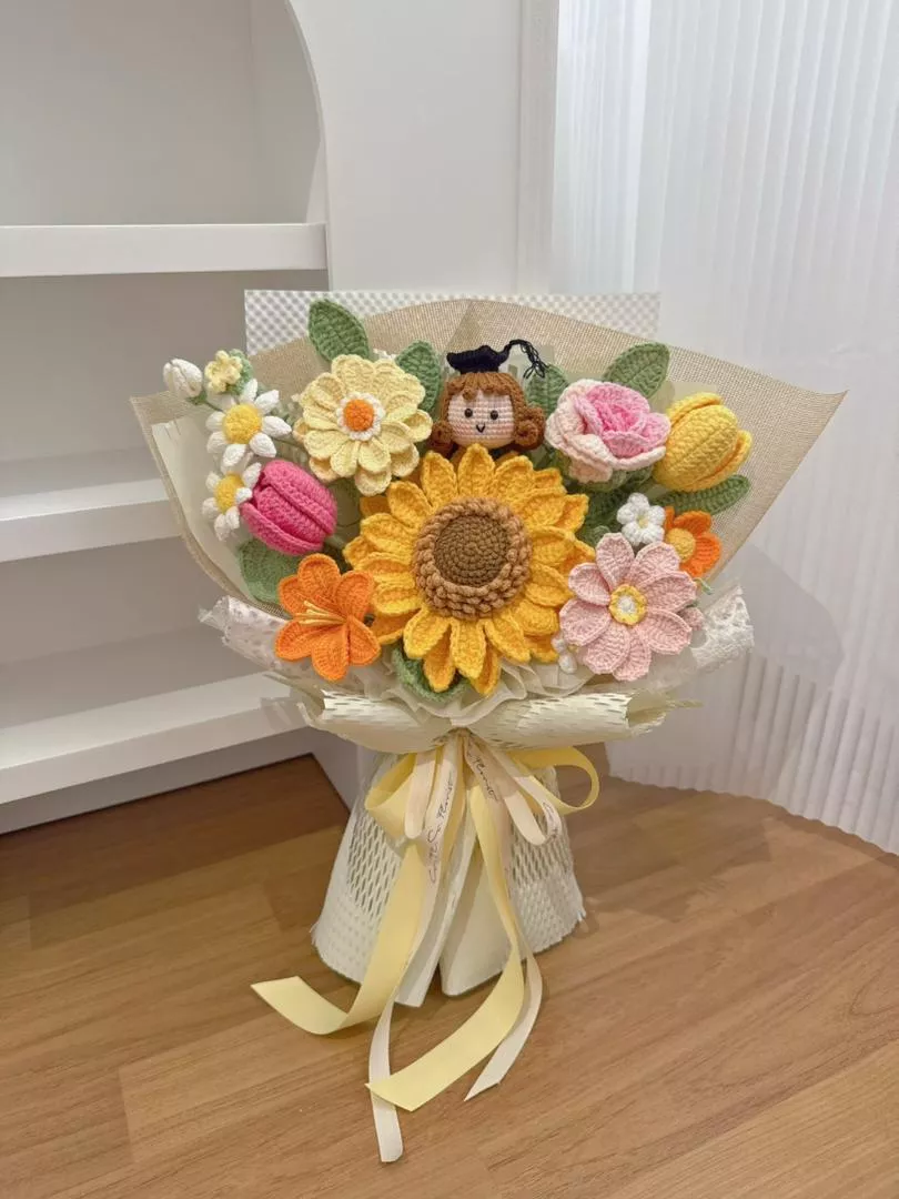 Graduation Doll Sunflower Crochet Bouquet