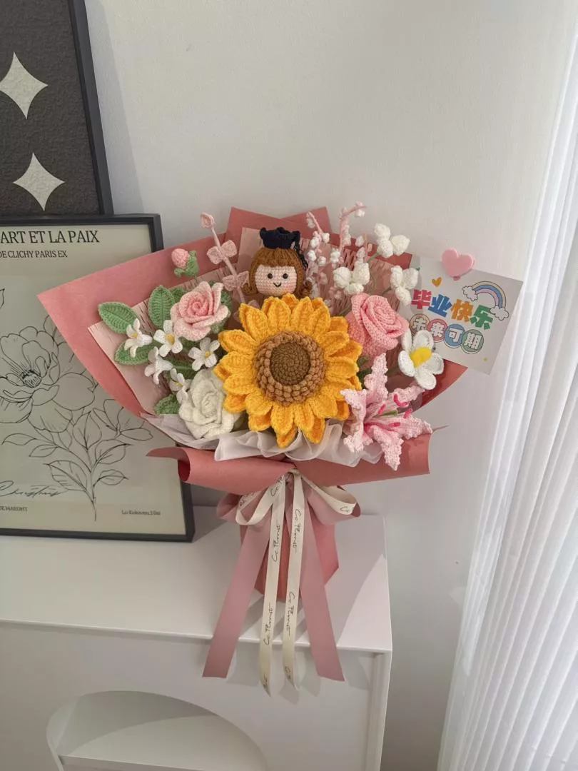 Graduation Doll Sunflower Crochet Bouquet