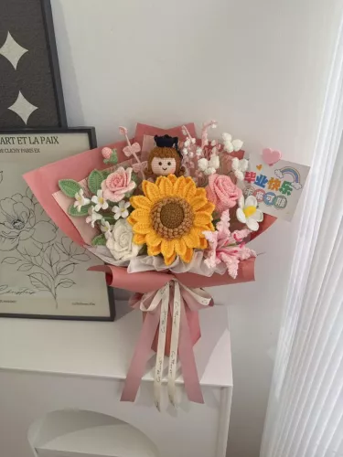 Graduation Doll Sunflower Crochet Bouquet