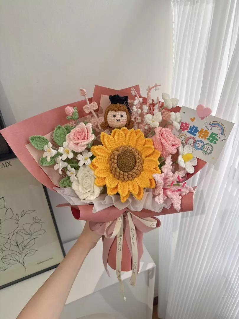 Graduation Doll Sunflower Crochet Bouquet