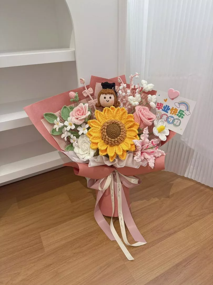 Graduation Doll Sunflower Crochet Bouquet