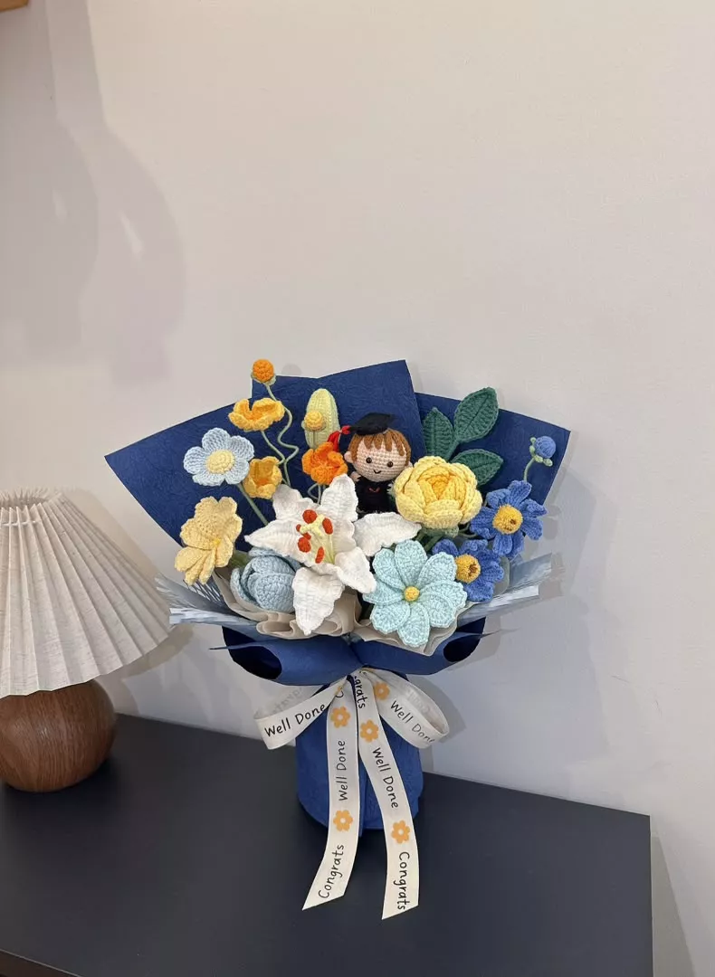 Graduation Doll Sunflower Crochet Bouquet