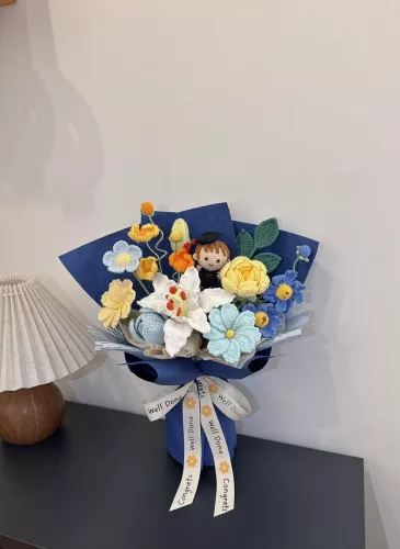 Graduation Doll Sunflower Crochet Bouquet