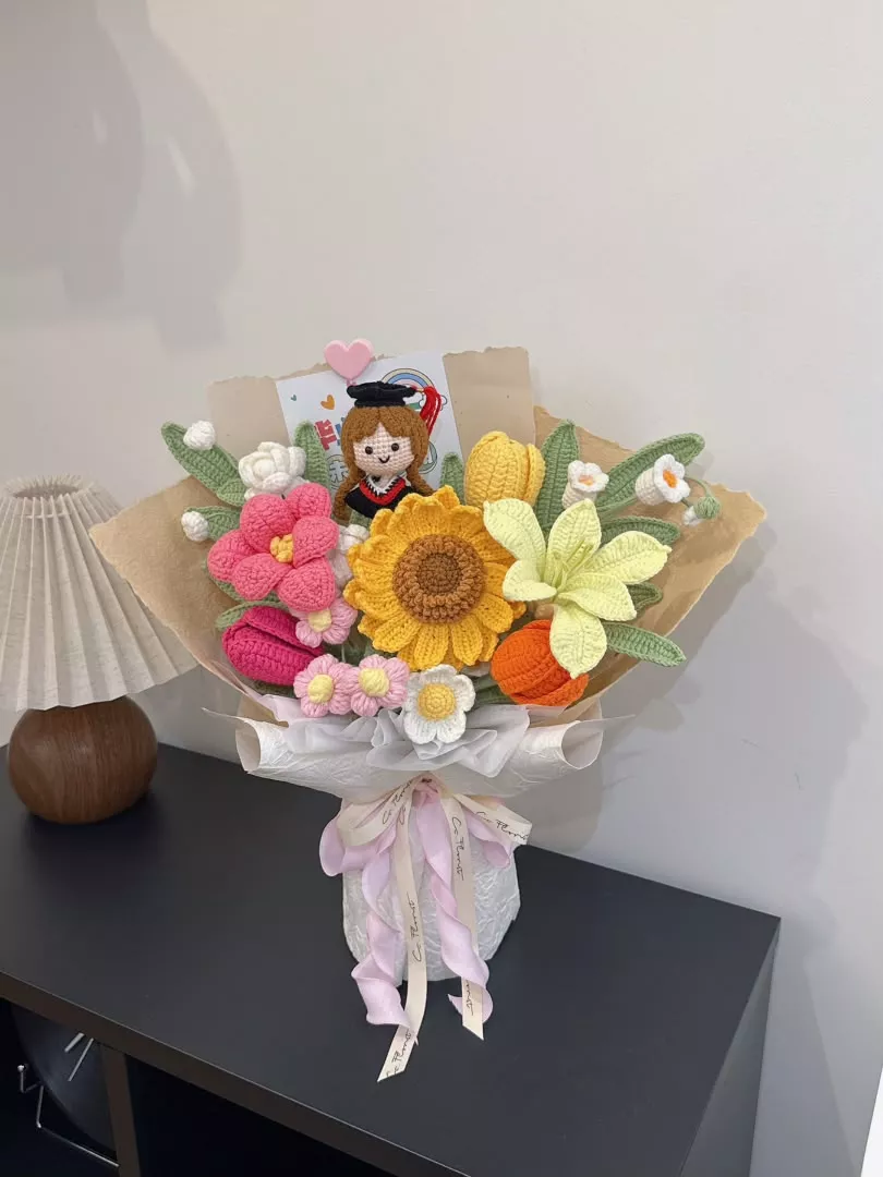 Graduation Doll Sunflower Crochet Bouquet