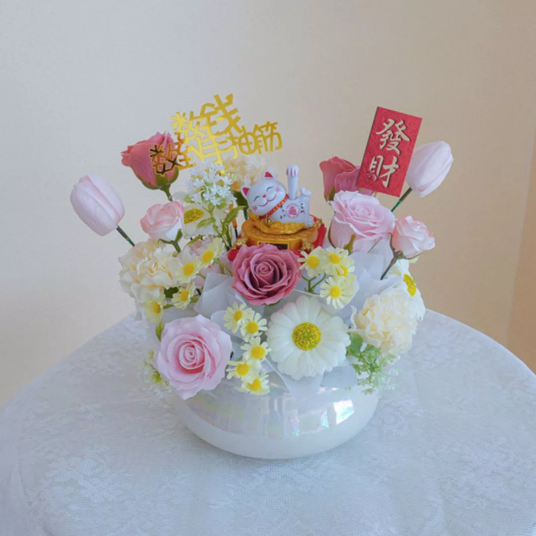 Congratulatory Soap Flower Box | Lucky Cat Bloom Pot