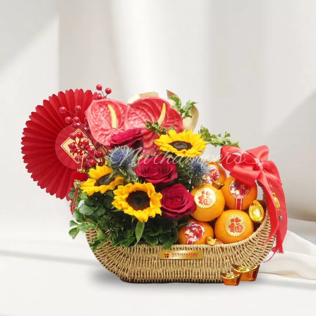 CNY Golden Mandarin Fruit (28pcs) & Flower Basket