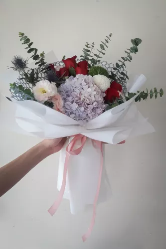 Ortensia viola con involucro bianco